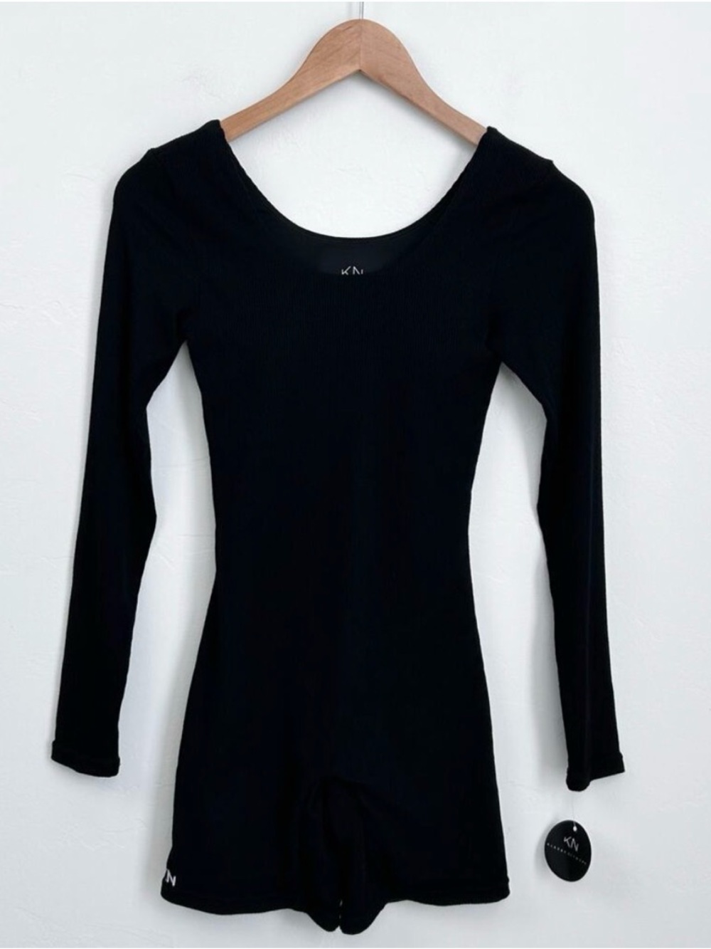 Klassy Network Black Rib Knit Scoop Neck Long Sleeve One Piece Brami Romper NWT
